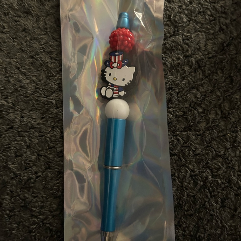 Hand Crafted Blue Patriotic Hello Kitty Charm Pen with Red Bead